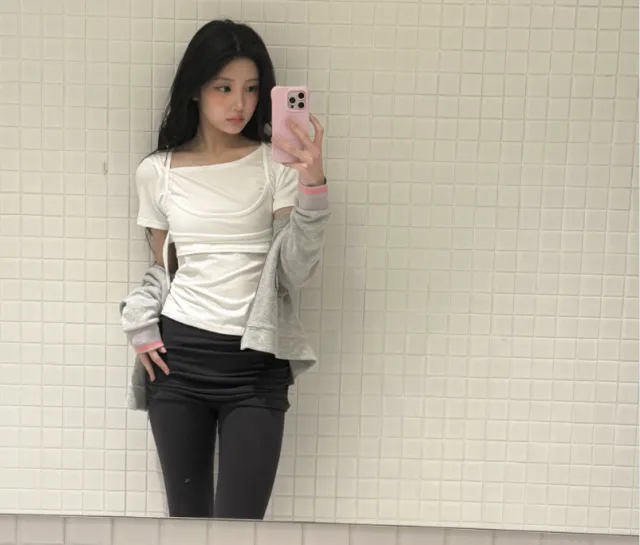 레이어드 반팔 브라렛 기본 크롭 티셔츠